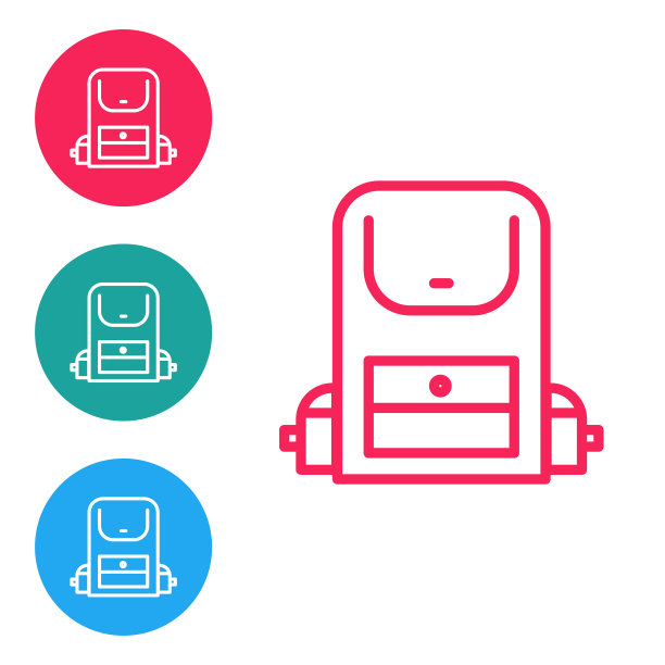 红色线徒步背包图标孤立在白色的背景。野营和登山背包。在圆形按钮中设置图标。向量图片下载