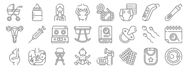 孕妇行图标。线性集。质量矢量线集如卵子、避孕药、婴儿、孕妇、精子、保温箱、验孕棒、婴儿监护仪、奶瓶等图片下载