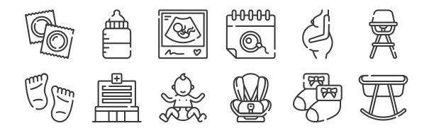 12套线性孕妇图标。细轮廓图标，如婴儿床，婴儿汽车座椅，医院，怀孕，超声波，喂奶瓶为web，移动。图片下载