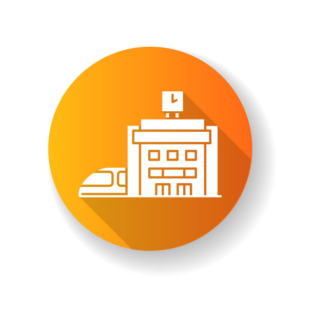 火车站橙色平面设计的长阴影字形图标图片下载