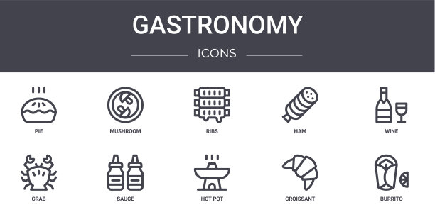 美食概念线图标集。包含图标可用的web，徽标，用户界面/用户体验，如蘑菇，火腿，螃蟹，火锅，羊角面包，玉米煎饼，葡萄酒，排骨图片下载