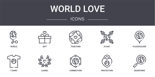 世界爱概念线图标集。包含图标，可用于web, logo, ui/ux，如礼物，植物，t恤，连接，保护，搜索，占位符，一起图片下载