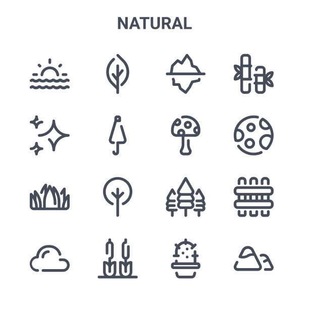 一组16个自然概念向量线图标。64x64细笔画如叶子，星星，月亮，松树，芦苇床，山，仙人掌，蘑菇，竹子图片下载