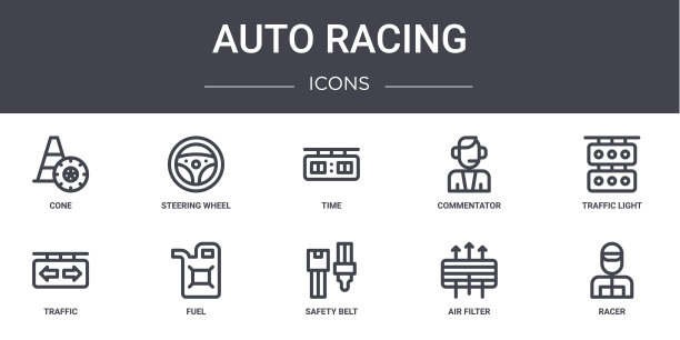 赛车概念线图标设置。包含图标可用的web，标志，ui/ux，如方向盘，评论员，交通，安全带，空气过滤器，赛车，交通灯，时间图片下载
