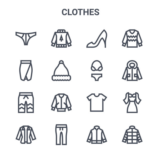 一套16服装概念向量线图标。64x64细描如毛衣，裙子，夹克，t恤，裤子，夹克，夹克，比基尼，毛衣等图标图片下载