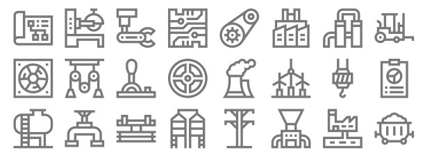 工业工艺线图标。线性集。质量矢量线集如煤炭、破碎机、料仓、储罐、吊钩、杠杆、叉车、齿轮、锯机等图片下载