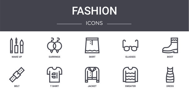 时尚概念线图标集。包含图标可用于web，标志，ui/ux，如耳环，眼镜，皮带，夹克，毛衣，连衣裙，靴子，裙子图片下载