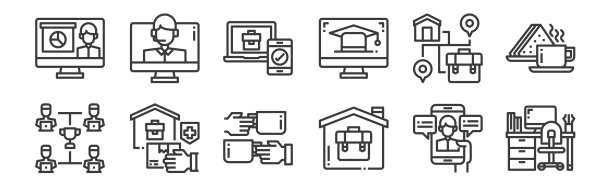 12套线性工作从家图标。薄轮廓图标，如工作场所，在家工作，送货，在家工作，检查，网络呼叫中心，移动。图片下载