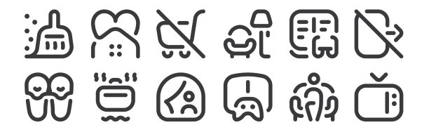 12套线性待在家里的图标。图标如电脑屏幕、玩、做饭、阅读、不要、待在家里上网、移动。图片下载