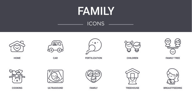 家庭概念线图标集。包含图标，可用于web，徽标，ui/ux，如汽车，儿童，烹饪，家庭，树屋，母乳喂养，家庭树，受精图片下载