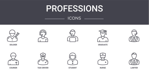 专业概念线图标集。包含图标，可用于web，标志，ui/ux，如，毕业生，信使，学生，护士，律师，图片下载