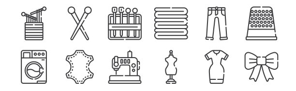 12套线形缝纫图标。细轮廓图标，如缎带，人体模型，皮革，裤子，针，大头针为网络，移动。图片下载