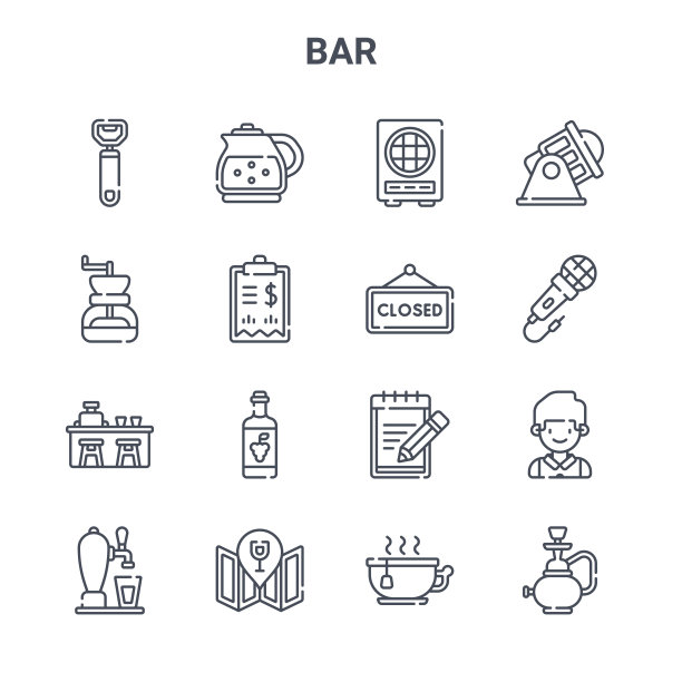 一组16条概念向量线图标。64x64细描图标，如水壶，咖啡研磨机，卡拉ok，订单，占位符，水烟，茶杯，关闭，聚光灯图片下载