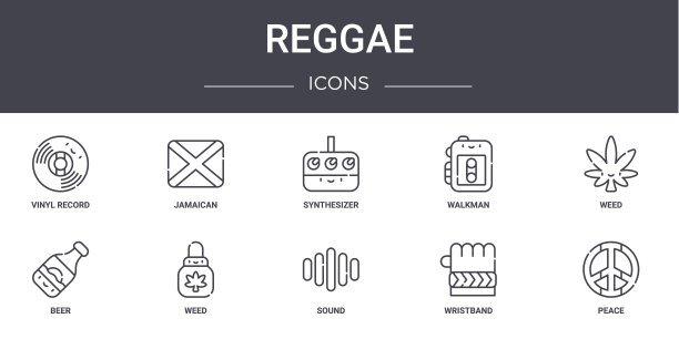 雷鬼概念线图标集。包含图标可用于web，徽标，ui/ux，如牙买加，随身听，啤酒，声音，腕带，和平，杂草，合成器图片下载
