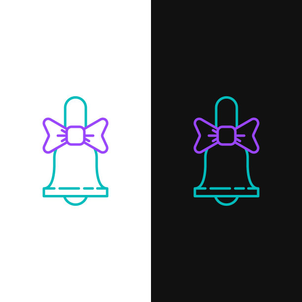 线圣诞铃声图标孤立在白色和黑色的背景。报警标志、服务铃、手铃标志、通知。色彩斑斓的轮廓的概念。向量图片下载