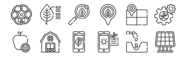 12套线性智能农场图标。细轮廓图标，如太阳能电池板，智能农场，谷仓，浇水，搜索，网络信息，移动。图片下载