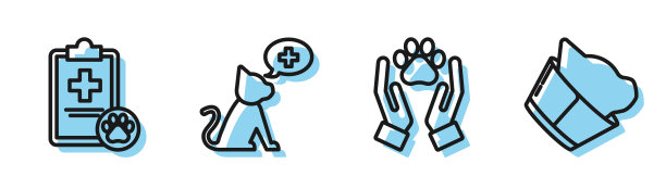 设置线手与动物足迹，剪贴板与医疗临床记录宠物，兽医诊所符号和兽医诊所符号图标。向量图片下载