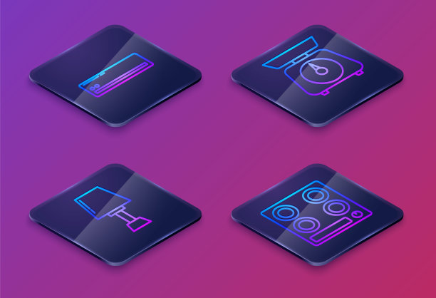 设置等距线空调，台灯，天平，煤气炉。蓝色方块按钮。向量图片下载