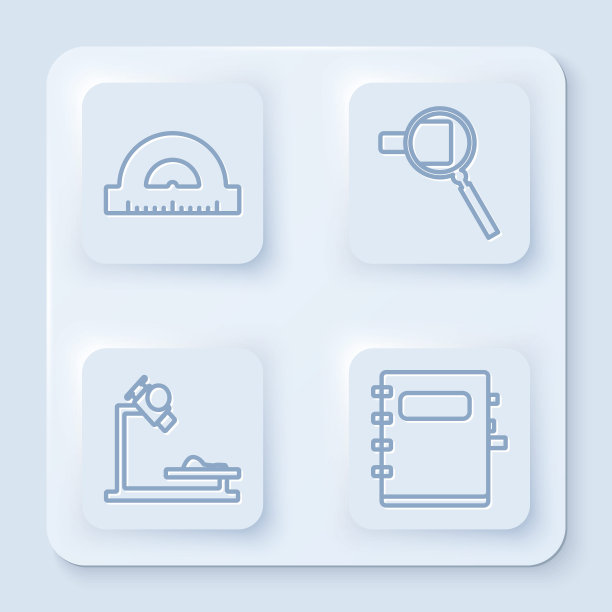 设置线量角器网格，用于测量度数，放大镜，显微镜和笔记本。白色正方形按钮。向量图片下载