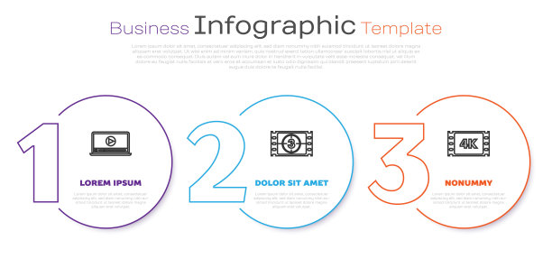 设置线在线播放视频、播放视频和4k电影、磁带、帧。业务信息模板。向量图片下载