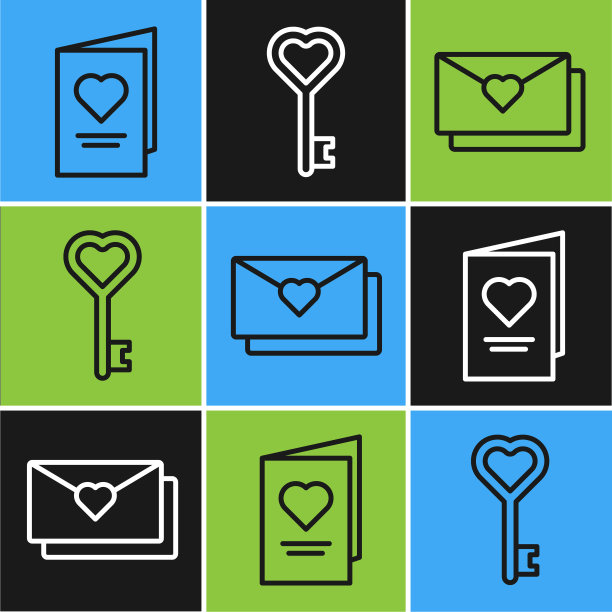 情人节传单与心，信封与情人节心和钥匙心形图标。向量图片下载