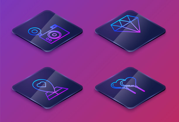 设置等距线照片相机，地图指针与心，钻石和气球的形式与丝带。蓝色方块按钮。向量图片下载