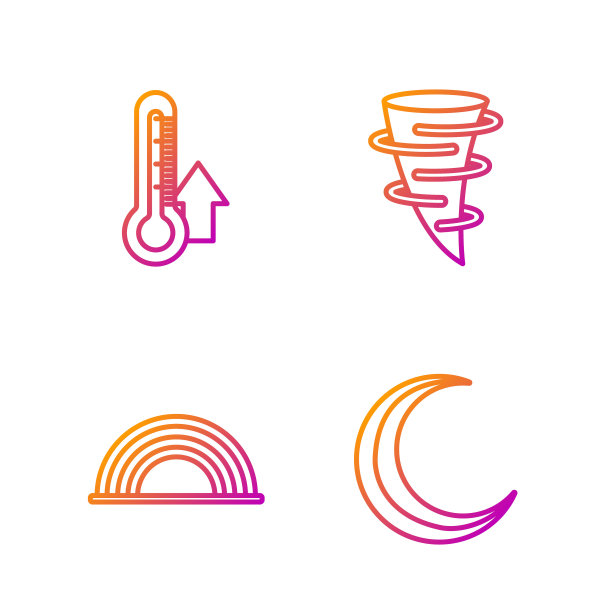 设置线月亮和星星，彩虹与云，温度计和龙卷风。渐变颜色图标。向量图片下载