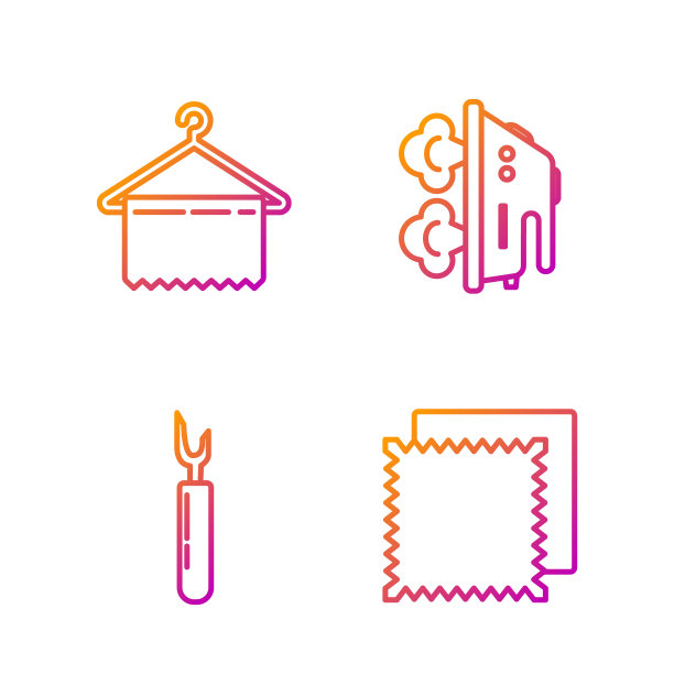 成套纺织布卷，刀具，衣架衣柜，电熨斗。渐变颜色图标。向量图片下载