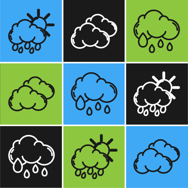 设置线云与雨和太阳，云与雨和云图标。向量图片下载
