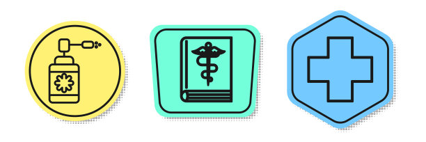 设行医用瓶带喷嘴喷雾器、医用书和十字医院医用。颜色的形状。向量图片下载