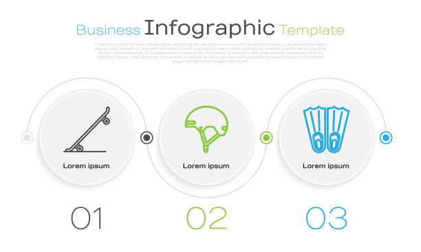 设置线滑板，头盔和橡胶脚蹼游泳。业务信息模板。向量图片下载