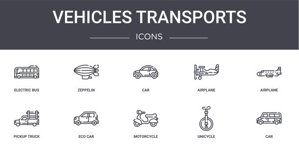 车辆运输概念线图标集。包含可用于web，标志，ui/ux的图标，如齐柏林飞艇，飞机，皮卡，摩托车，独轮车，汽车，飞机，汽车图片下载