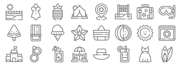 夏天一行图标。线性集。优质矢量线集如冲浪板、鸡尾酒、雨伞、沙堡、太阳、冰淇淋、潜水器、沙滩、泳衣图片下载