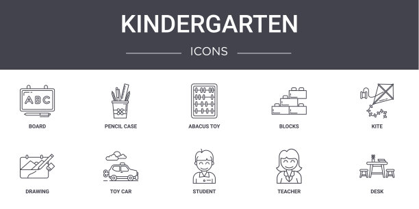幼儿园概念线图标集。包含图标，可用于web，标志，用户界面/用户体验，如铅笔盒，积木，绘画，学生，老师，课桌，风筝，算盘玩具图片下载