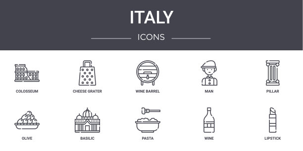 意大利概念线图标集。包含图标可用的web，标志，ui/ux，如奶酪刨丝器，男人，橄榄，意大利面，葡萄酒，口红，支柱，酒桶图片下载