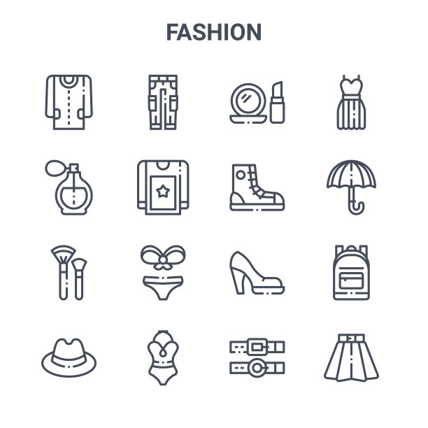 一组16时尚概念向量线图标。如裤子，香水，雨伞，高跟鞋，泳衣，裙子，皮带，运动鞋，连衣裙等图标图片下载