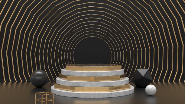 大理石和黄金讲台抽象3d插图。时尚设计模型图片下载