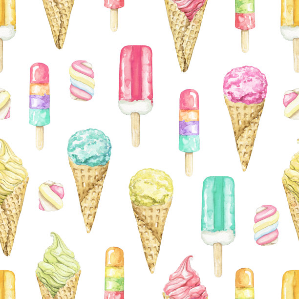 水彩无缝图案与套餐各种冰淇淋图片下载