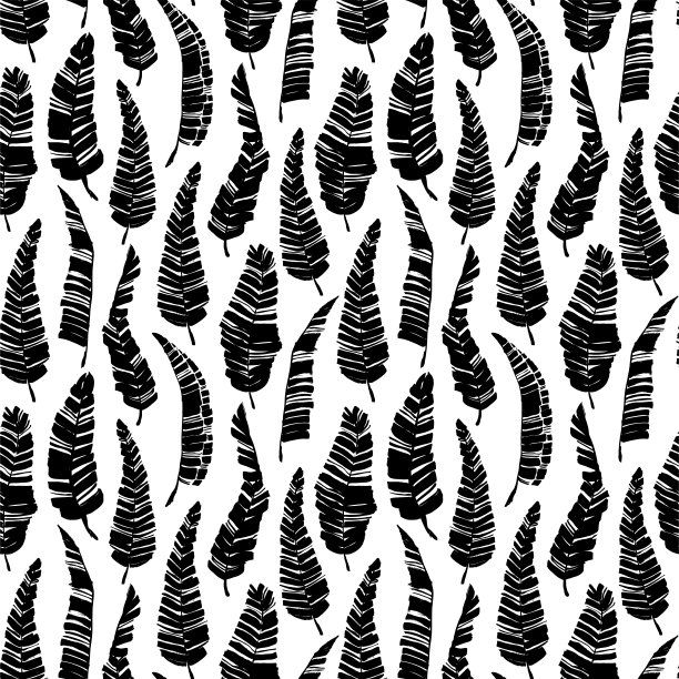 热带病媒香蕉叶无缝图案。黑白刷黑漆香蕉叶。图片下载