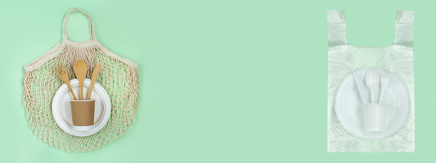 有机环保厨具、环保袋、玻璃纸袋、一次性餐具。32、生态、零浪费、无塑理念、垃圾处置理念。前视图。副本的空间。横幅图片下载