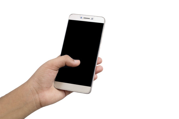 特写肖像，手拍，一个男孩的手用手机在一个白色的背景图片下载