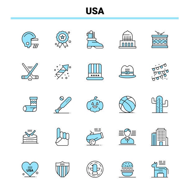 25美国黑色和蓝色图标设置创意图标图片下载