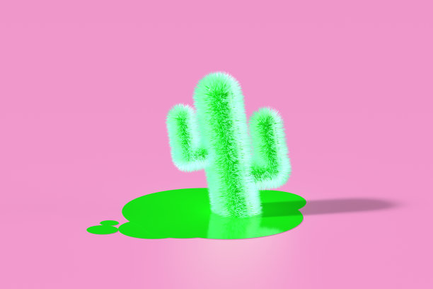 绿色蓬松和毛茸茸多汁的仙人掌融化在粉色柔和的背景的3d渲染。最小的夏季自然天气概念。图片下载