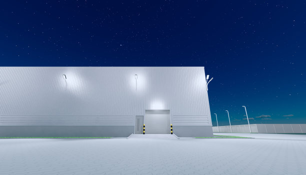 3d渲染机库建筑外部和卷帘门和铺砖地板在晚上的时间。图片下载