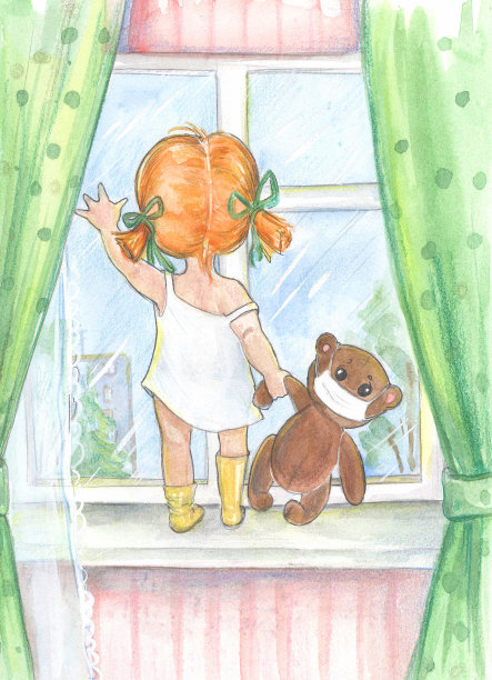 小女孩望着窗外，手里拿着一只戴面具的熊图片下载