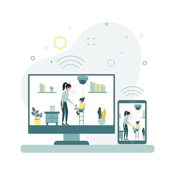 视频监控。一幅矢量图显示，摄像机带走了一个带着冒犯女孩的孩子的保姆，数据被转移到平板电脑上。监视器上有一段监控录像图片下载