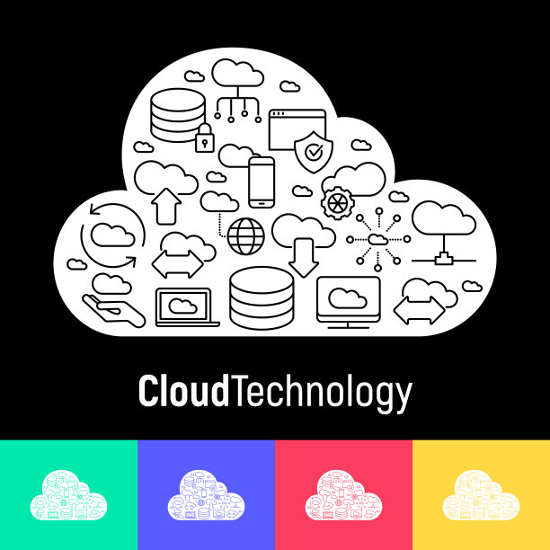 云计算技术概念与细线图标有关，涉及主机托管、服务器存储、云管理、数据安全、移动和桌面内存。矢量插图。图片下载