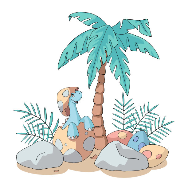 可爱的卡通恐龙宝宝从蛋在岛上的棕榈树下孵化。图片下载