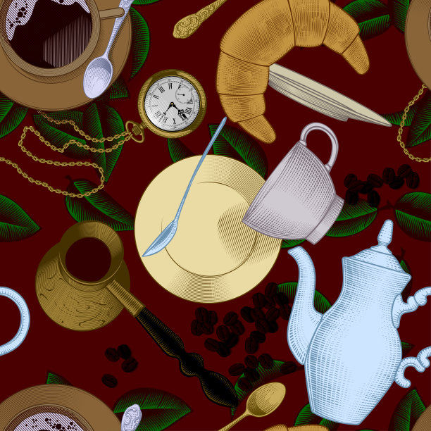 复古色彩雕刻无缝图案背景与咖啡和茶具图片下载