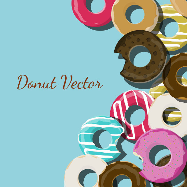 油炸圈饼矢量集孤立在蓝色背景。甜甜圈收藏俯视图。图片下载
